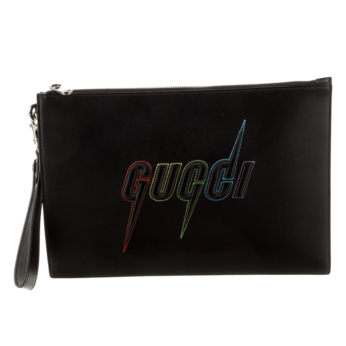 Gucci Blade Embroidered Leather Clutch Pouch - Black in Black - front view showing the bag's shape, finish and visible design details.