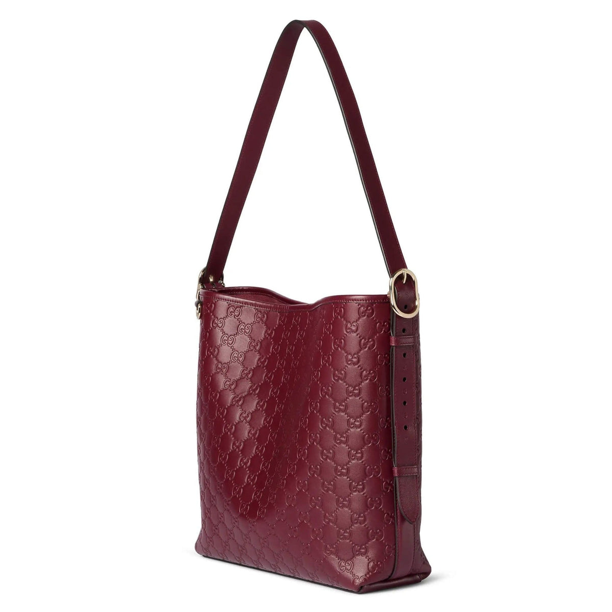 Gucci GG Calfskin Emblem Medium Shoulder Bag - Pink in Pink - side view showing the bag's shape, material finish and visible design details.