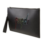 Gucci Blade Embroidered Leather Clutch Pouch - Black in Black - side view showing the bag's shape, finish and visible design details.