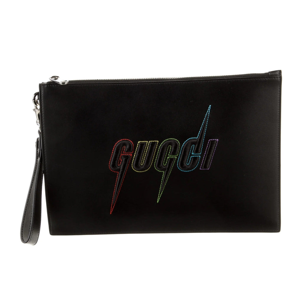 Gucci Blade Embroidered Leather Clutch Pouch - Black in Black - rear view showing the bag's shape, finish and visible design details.