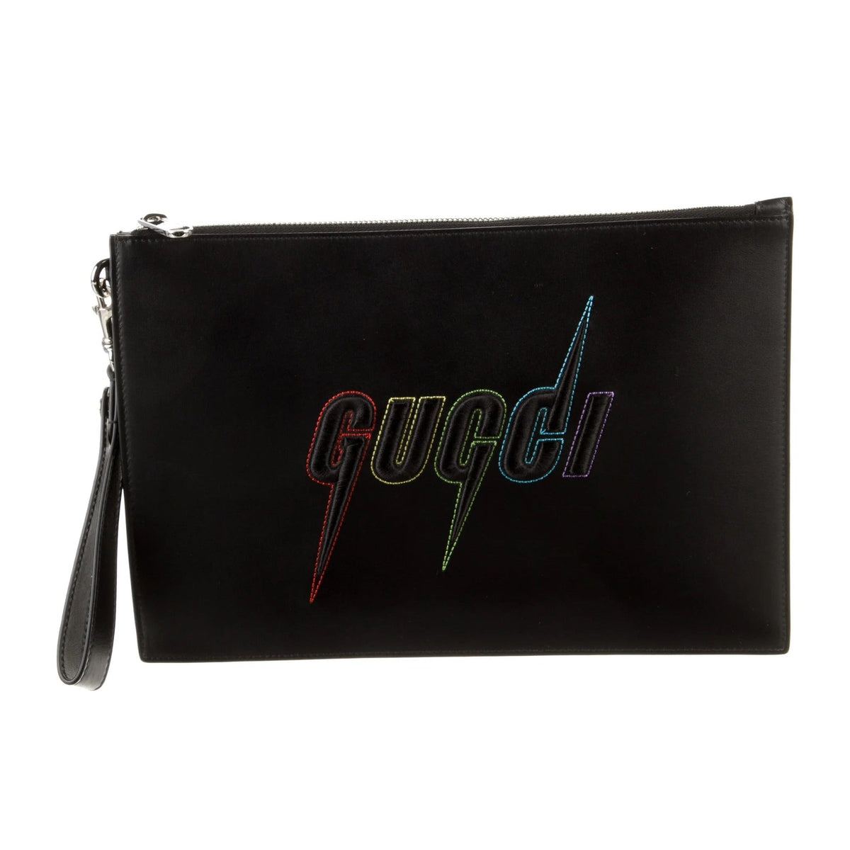 Gucci Blade Embroidered Leather Clutch Pouch - Black in Black - rear view showing the bag's shape, finish and visible design details.