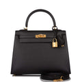 Front view of Hermes Kelly Sellier 25 in Black Epsom with gold hardware