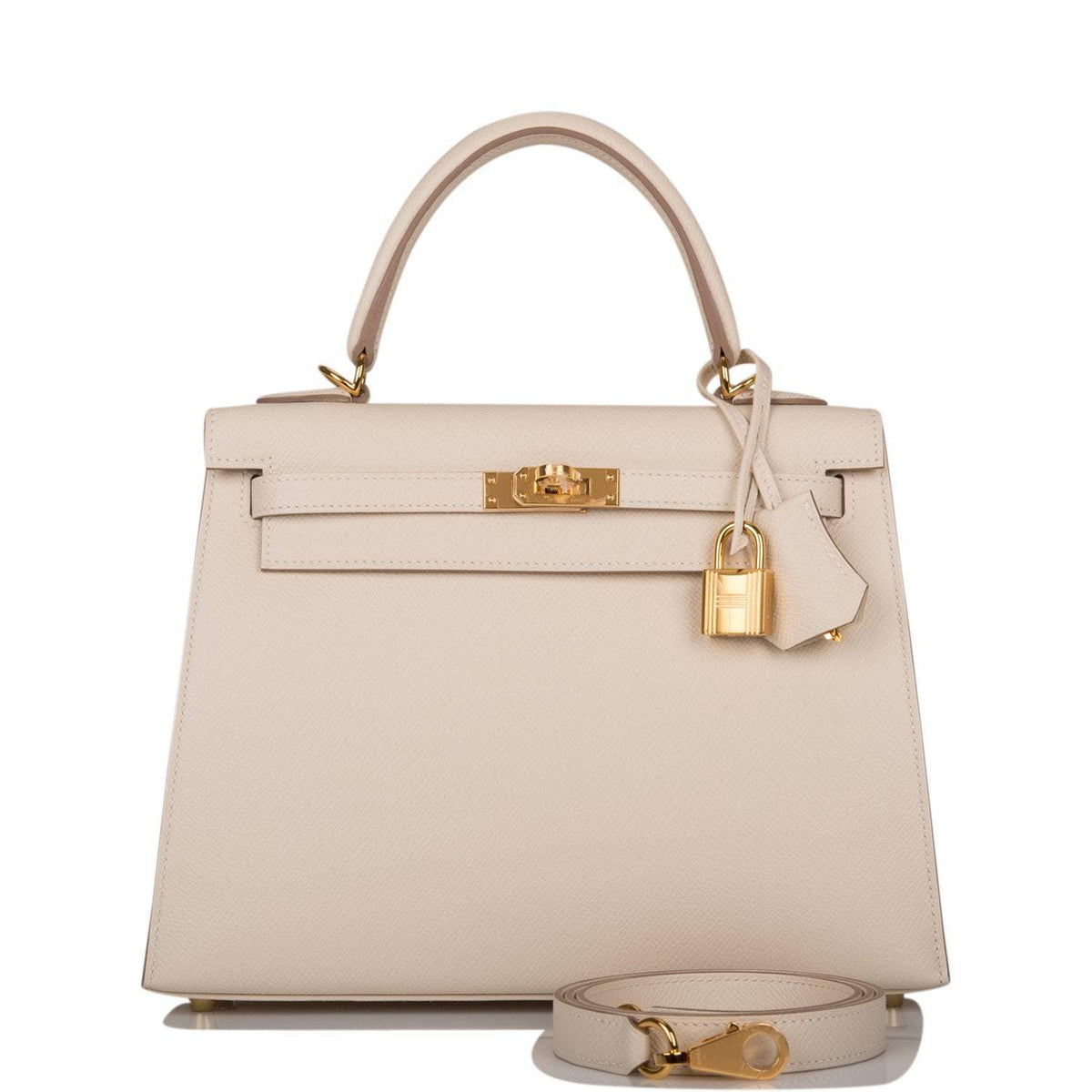 Front view of Hermes Kelly 25 in Craie Epsom leather with gold hardware