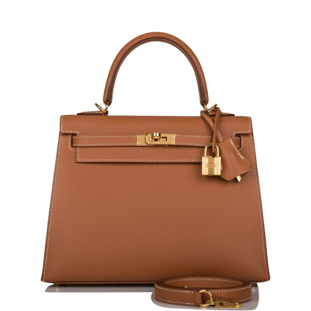 Front view of Hermes Kelly Sellier 25 in Gold Epsom with gold hardware