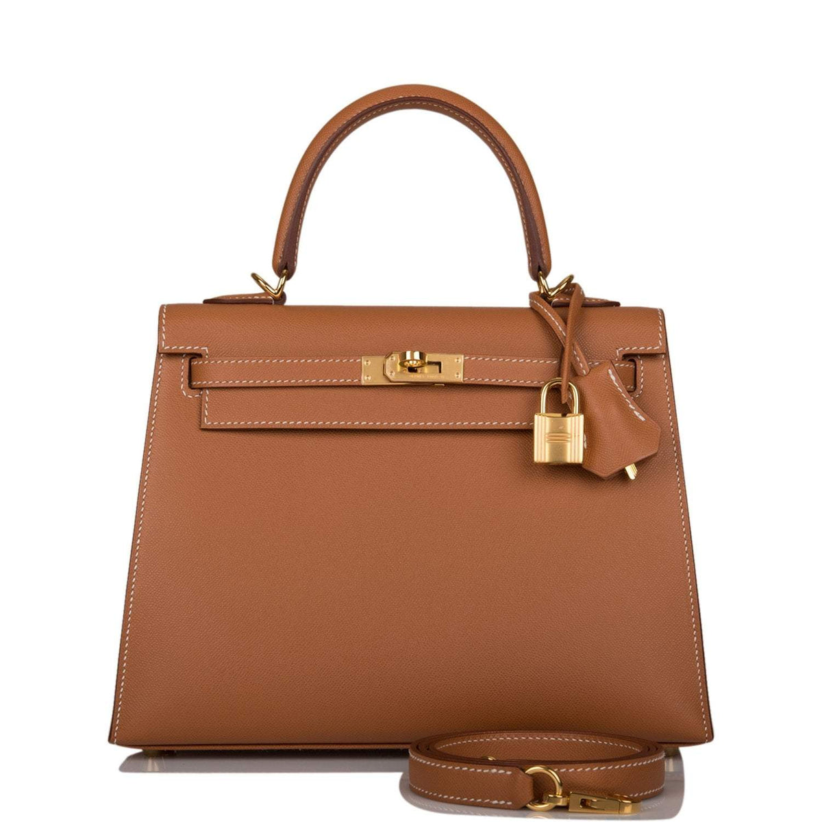 Front view of Hermes Kelly Sellier 25 in Gold Epsom with gold hardware