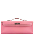 Front view of Hermes Kelly Cut in Rose Confetti Epsom leather with palladium hardware