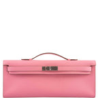 Front view of Hermes Kelly Cut in Rose Confetti Epsom leather with palladium hardware