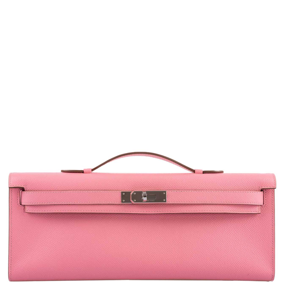 Front view of Hermes Kelly Cut in Rose Confetti Epsom leather with palladium hardware