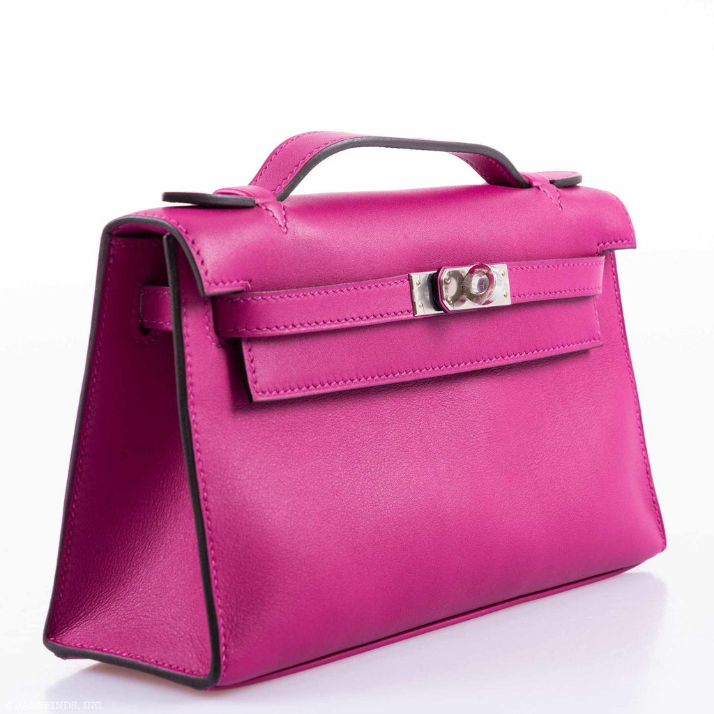 Hermes Kelly Mini Pochette Rose Pourpre Swift Palladium Hardware, Angled view showing saturated Rose Pourpre c
