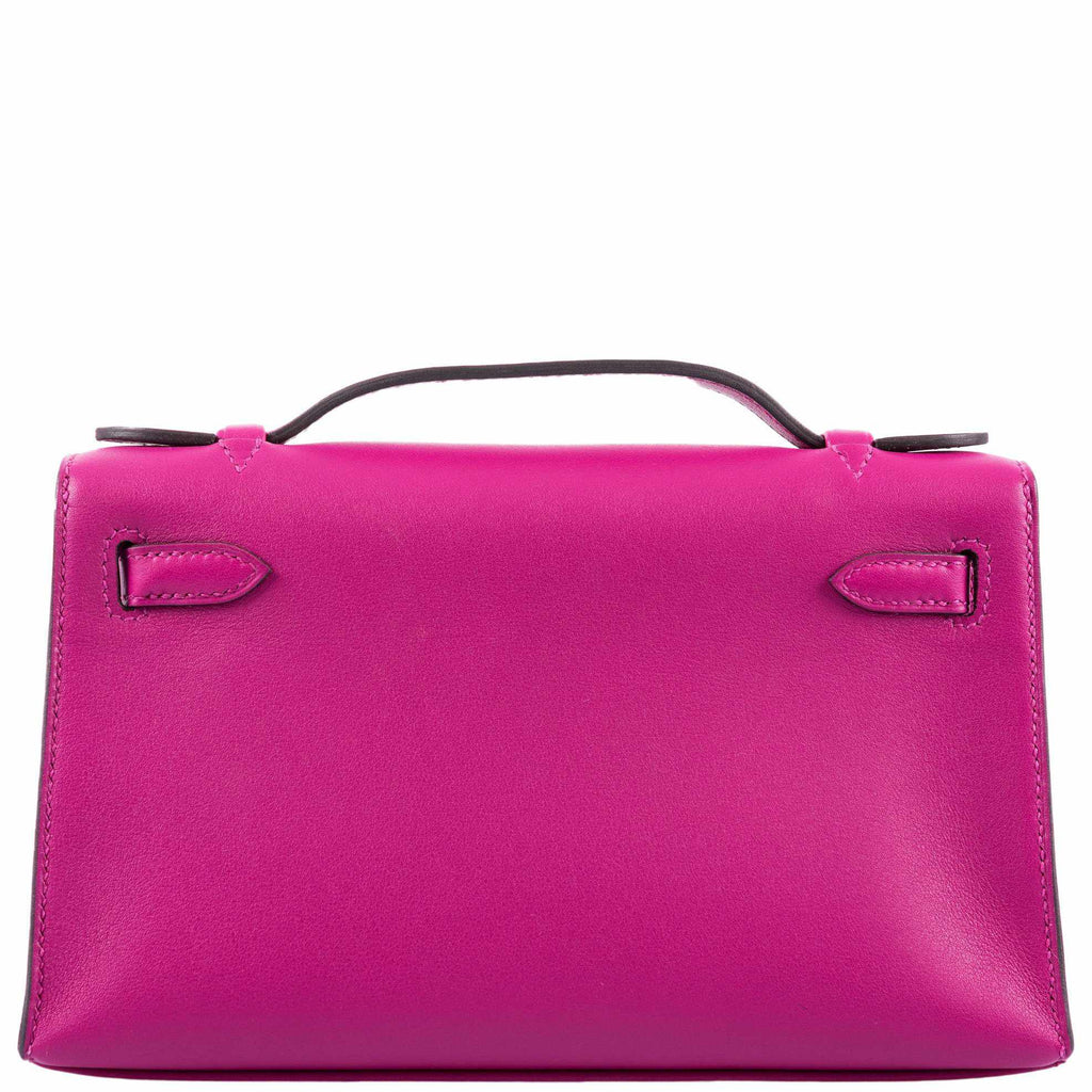 Hermes Kelly Mini Pochette Rose Pourpre Swift Palladium Hardware, compact Kelly Mini Pochette in Swift leather