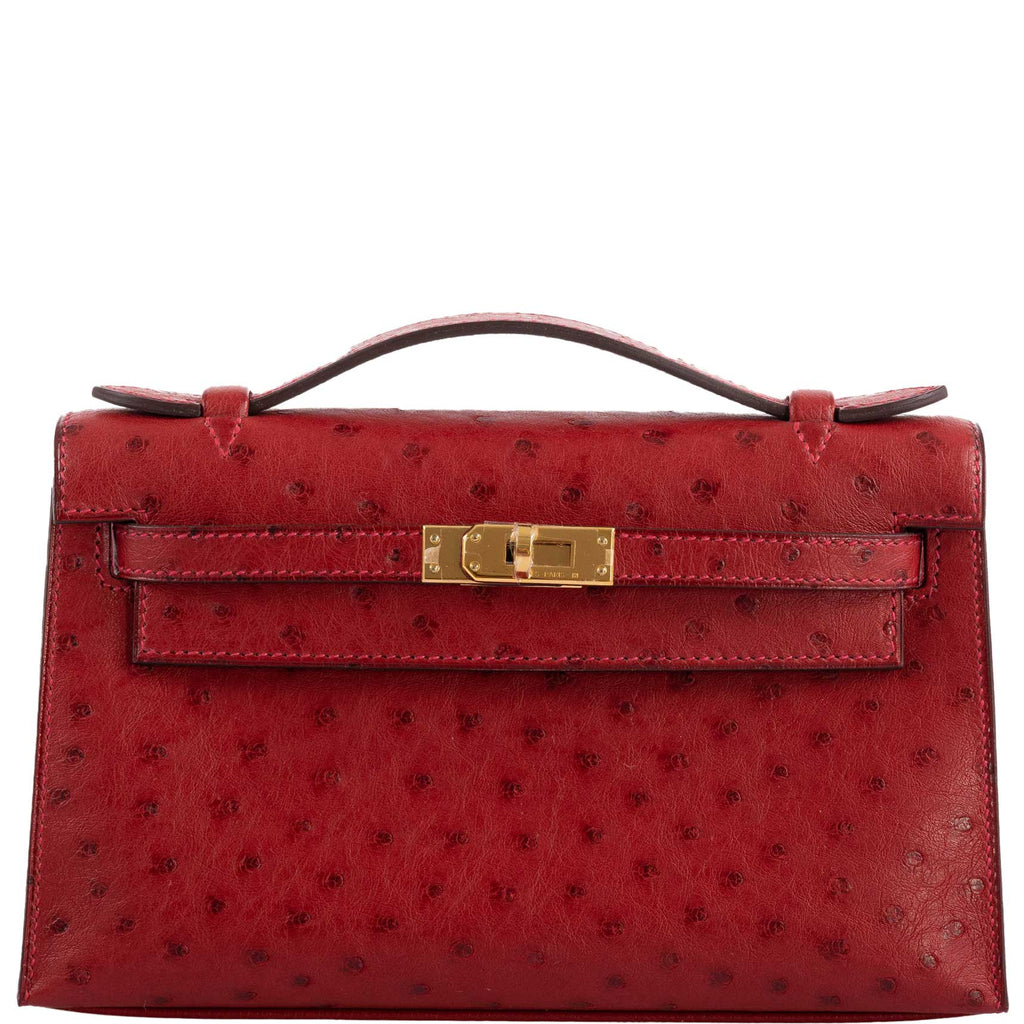 Hermes Kelly Mini Pochette Rouge Vif Ostrich Gold Hardware - 2017, A - front view