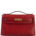 Hermes Kelly Mini Pochette Rouge Vif Ostrich Gold Hardware - 2017, A - front view