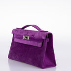 Hermes Kelly Pochette Violet Veau Doblis Suede Palladium Hardware, Back panel of Violet suede pochette