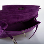 Hermes Kelly Pochette Violet Veau Doblis Suede Palladium Hardware, Stitching and edge-paint detail on suede