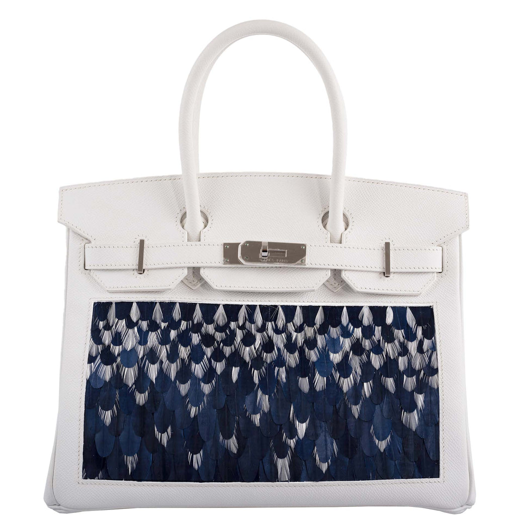 Vintage Hermes Birkin 30 in White Epsom leather with a custom feather panel and palladium hardware