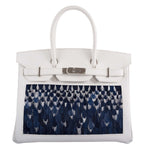 Vintage Hermes Birkin 30 in White Epsom leather with a custom feather panel and palladium hardware