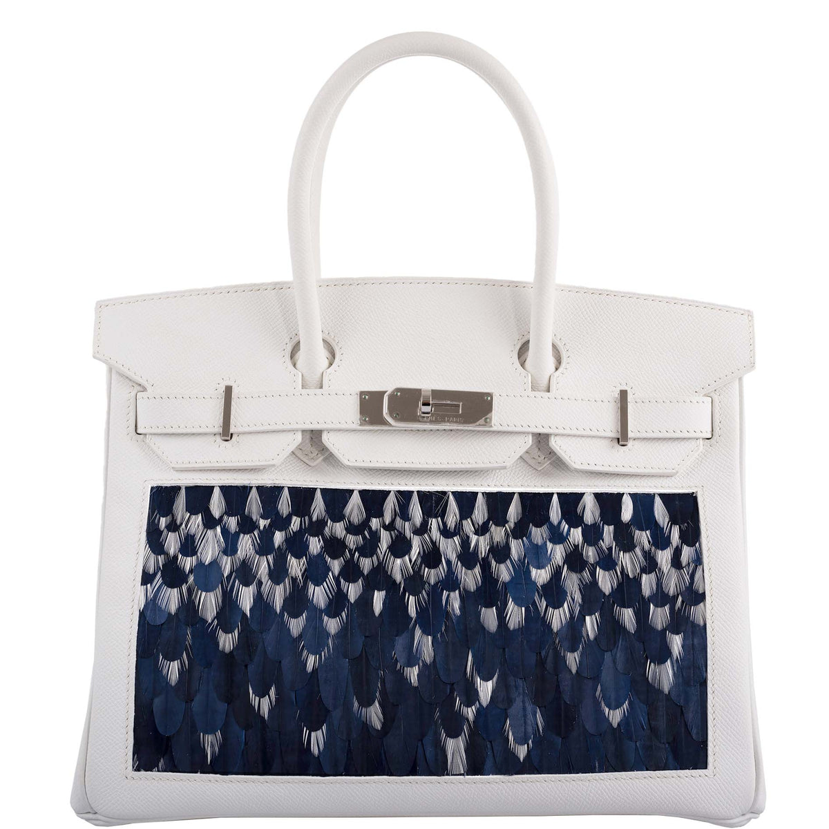 Vintage Hermes Birkin 30 in White Epsom leather with a custom feather panel and palladium hardware